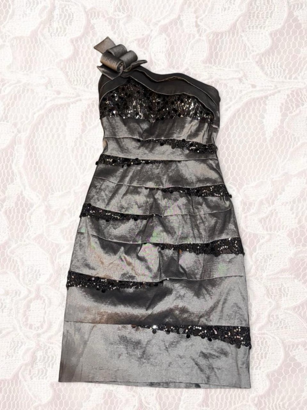 Cache Silver and Black One-Shoulder Sequin Cocktail Dress